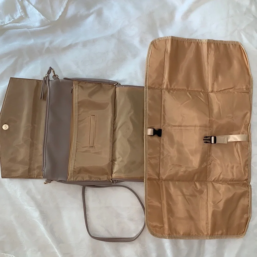 Crossbody purse with both baby changing pad & place for baby wipes, in Taupe/tan